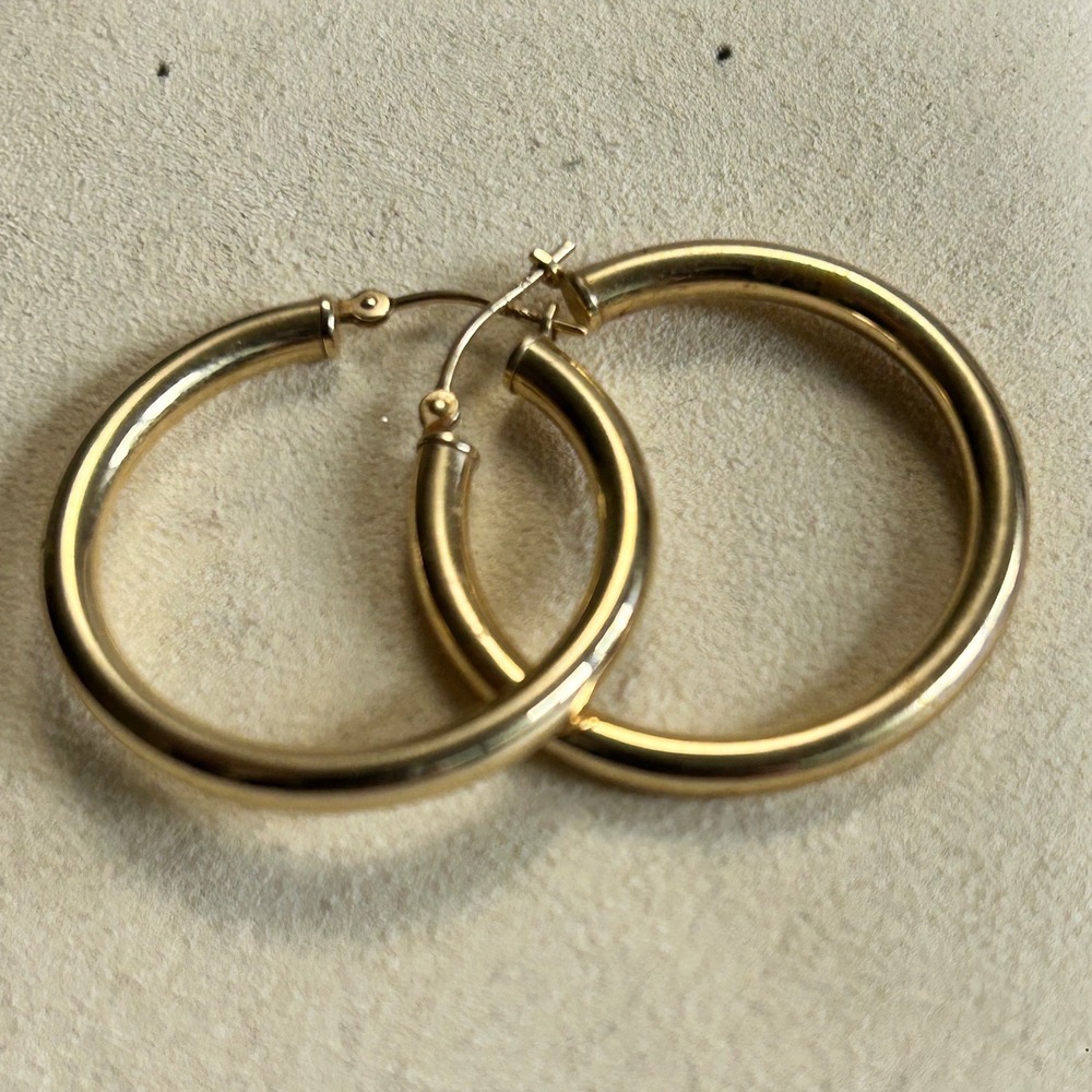14K Yellow Gold Hoop Earrings 1 Inch Round Polished Latch Back 1.89g